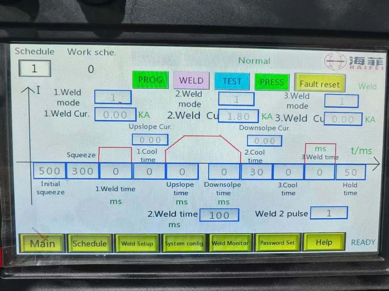 HAIFEI diffusion welding controller showing current weld time squeeze time and hold time settings HAIFEI diffusion welding controller showing current weld time squeeze time and hold time settings